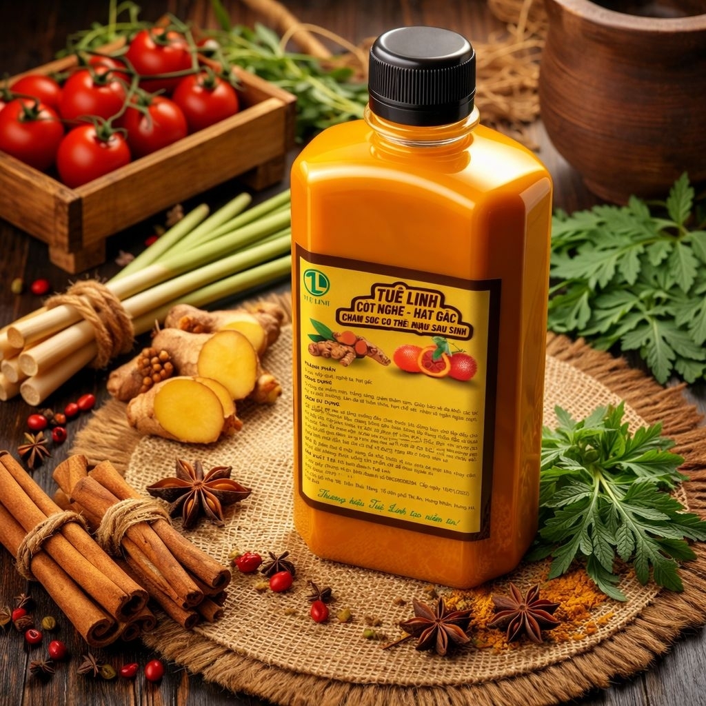 500ml cốt nghệ hạt gấc Tuệ Linh thoa mặt sau sinh