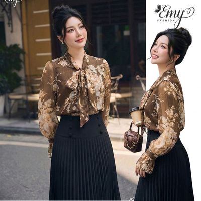 [LƯU Ý SẢN PHẨM CHỈ ÁO] Áo Thiết Kế EMY Thời Trang Cao Cấp A9704 Vải Voan Tơ Hoa Nâu Sang Chảnh Đi Tiệc