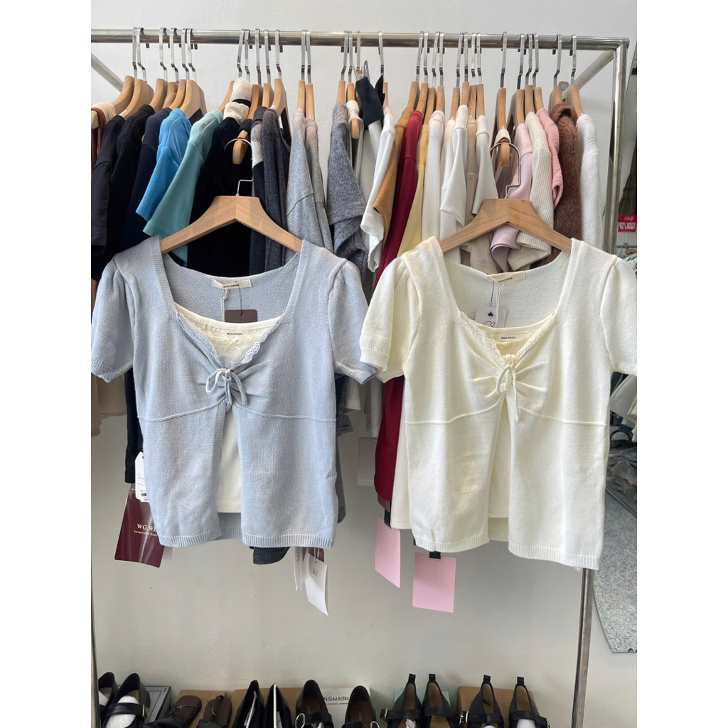 [PORO Clothing ] 6031298 áo len cổ V ren