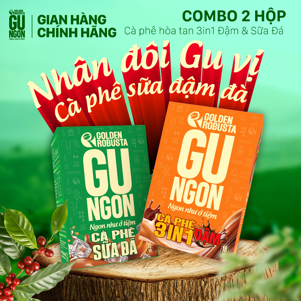 [COMBO 2 HỘP] Cà Phê 3in1 Vị Đậm & Cà Phê Sữa Đá - Cà phê Golden Robusta Gu Ngon (28 gói)