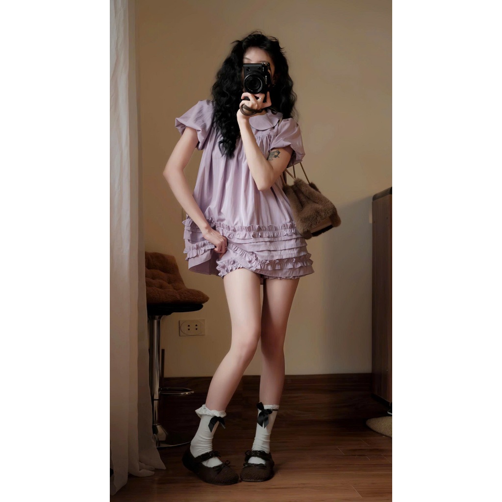 Áo Váy Babydoll Hari Cổ Sen 2 Lớp Form Rộng Gấu Viền Bèo Bo Chun | BigBuy360 - bigbuy360.vn