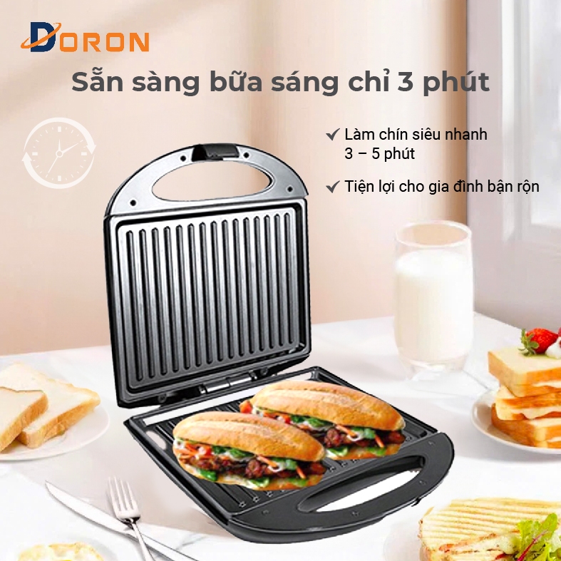 Máy nướng ép bánh mỳ DORON 1400W gia nhiệt kép, chống dính telfon siêu bền