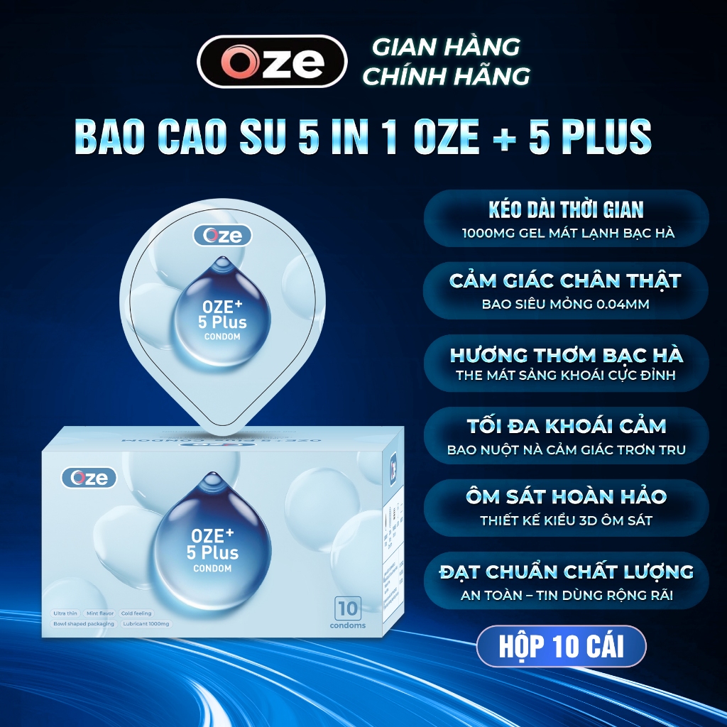 [THẾ HỆ MỚI] Bao Cao Su OZE+ 5 Plus Hộp 10 Chiếc – Gel Mát Kéo Dài Lâu Hơn. Siêu Mỏng 0.04mm