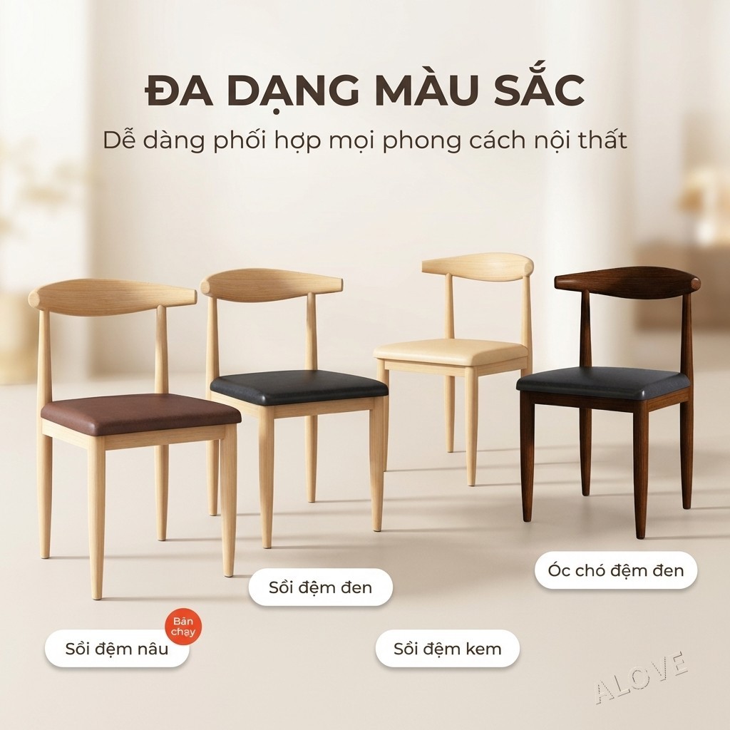 ALOVE Ghế ăn Bắc Âu tựa lưng cong chân thép vân gỗ ghế bàn ăn ghế học tập ghế bàn làm việc gia đình | BigBuy360 - bigbuy360.vn