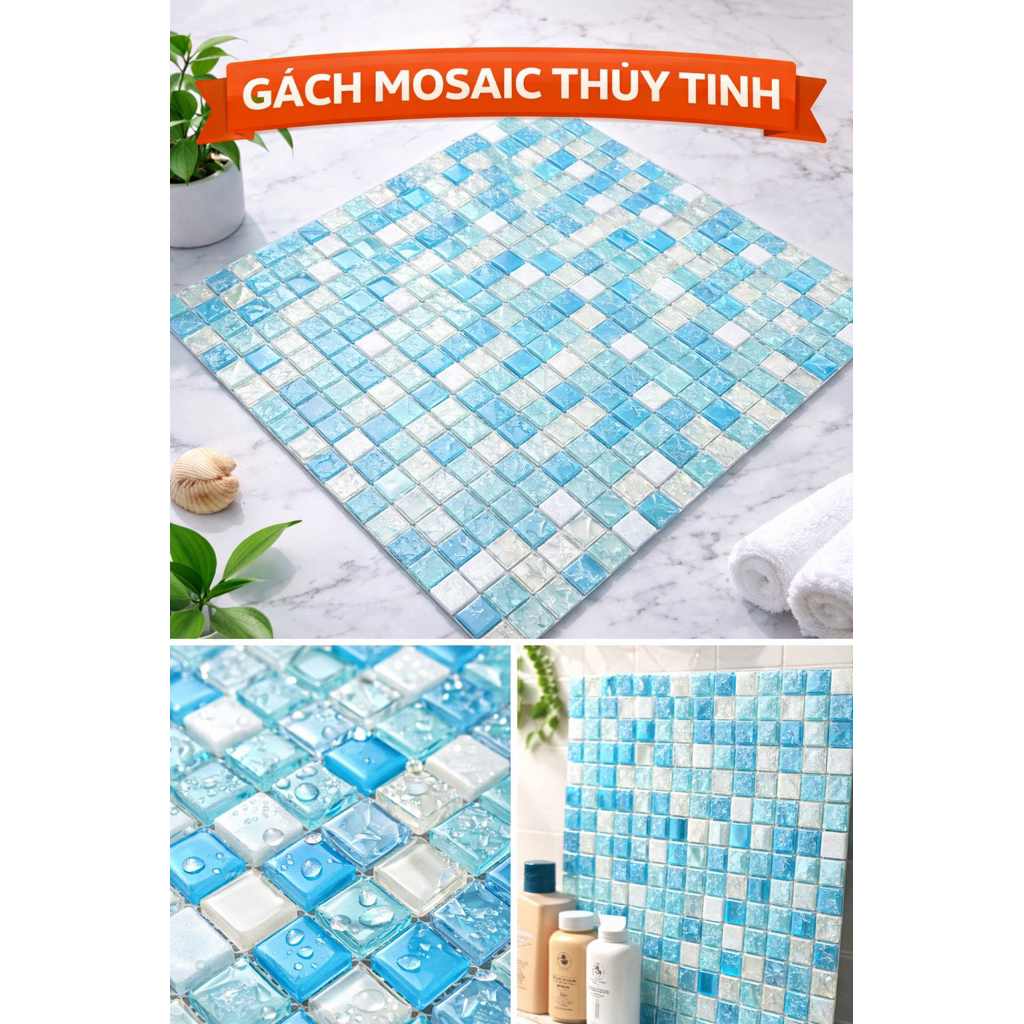 Tấm dán gạch mosaic thuỷ tinh cao cấp. thuỷ tinh dạn trang trí
