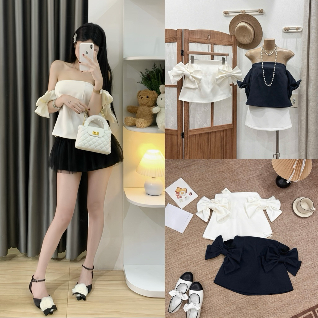 | Hta.boutique | Áo trễ vai form rộng đính nơ to vải dạ dày dặn form croptop