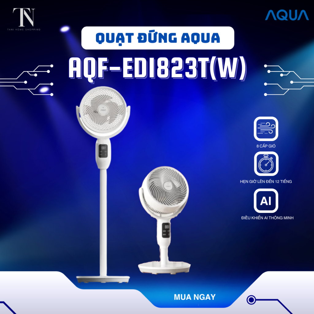Quạt đứng Aqua AQF-ED1823T(W) giúp lưu thông không khí, 8 mức gió và 3 chế độ,điều khiển AI thông mi