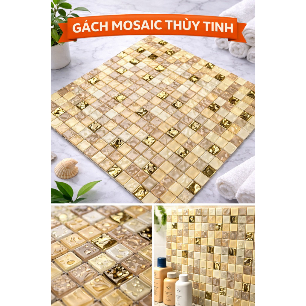 Tấm dán mosaic thuỷ tinh decor cao cấp. gạch mosaic thuỷ tinh hồ nước