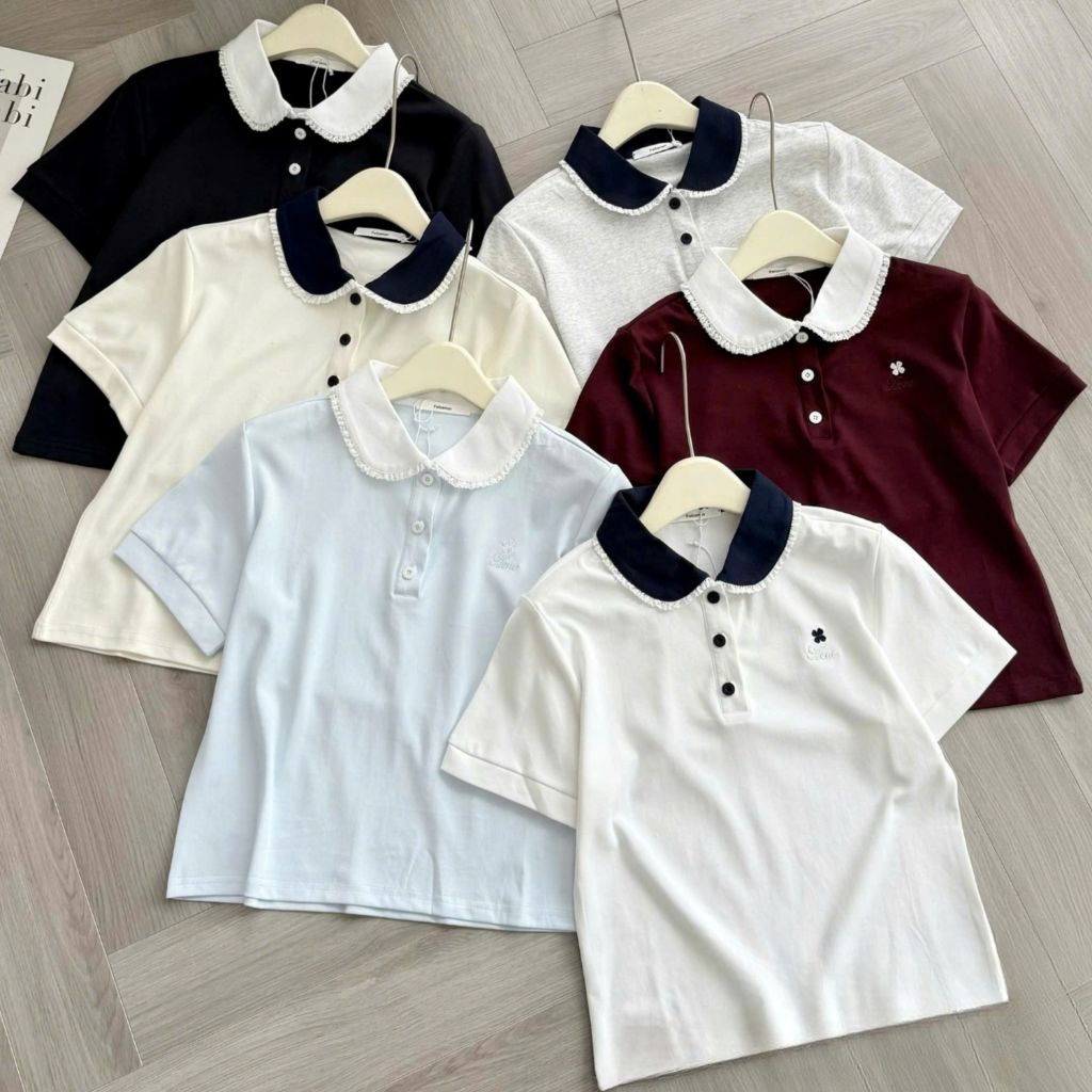 (Hàng QC-Bao Chất)#2195▫️Áo Polo Cổ Sen Pha Màu Viền Ren Cộc Tay Thêu Hình Hoa Chữ Aene Xinh Xỉu Ulz