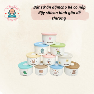 Bát sứ ăn dặm, hũ sứ trắng, cốc đựng thực phẩm cho bé có nắp đậy silicon hình gấu dễ thương 200ml