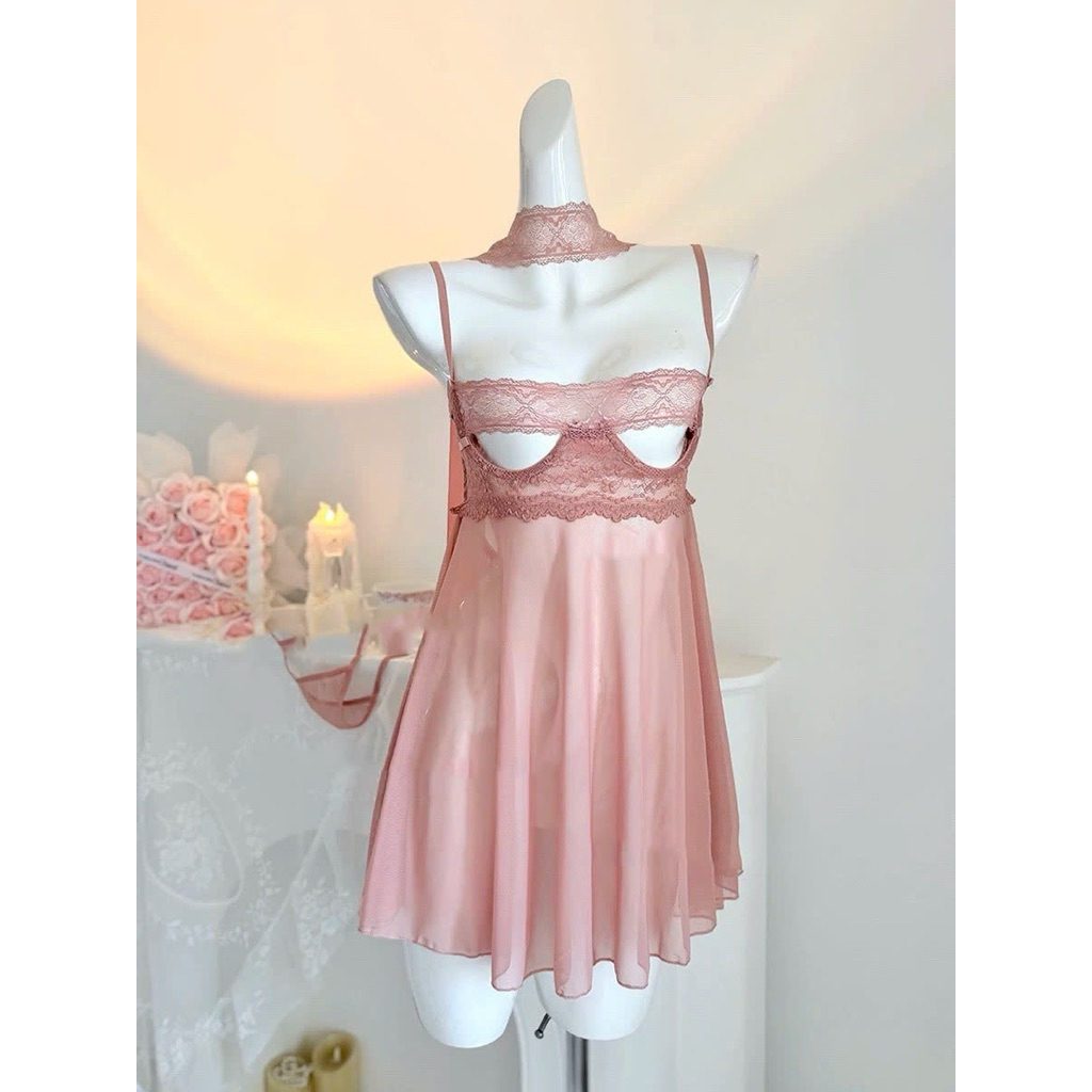 V211.Váy ngủ ren hở v1 có gọng tặng kèm bịt mắt,tuki sleepwear