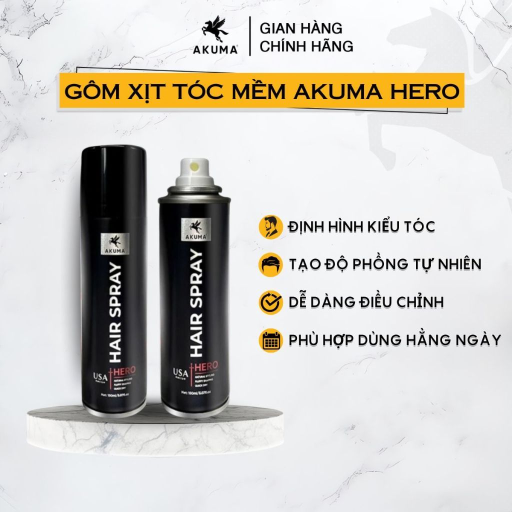 Gôm xịt tóc mềm Akuma hero - phù hợp dùng hàng ngày, định hình kiểu tóc dễ dàng