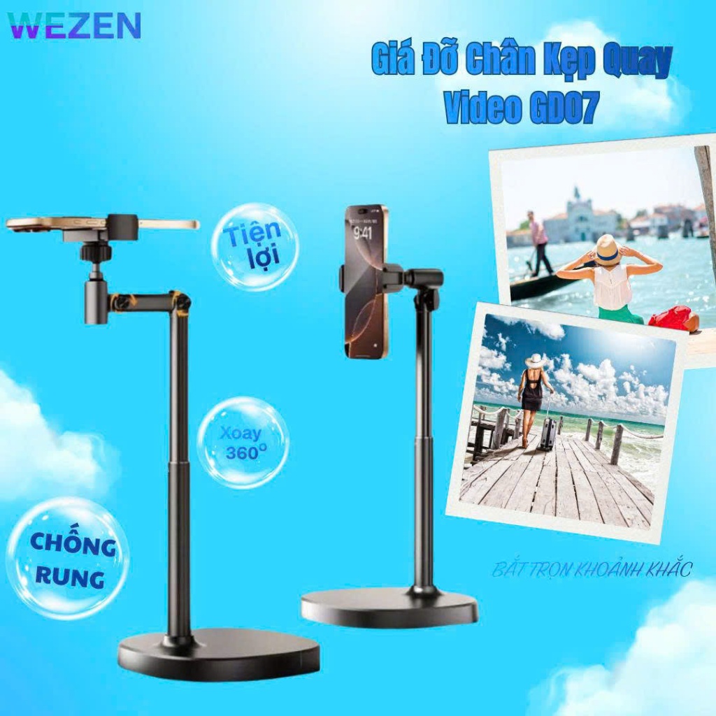 [Đế nặng+thanh kim loại] Chân Kẹp Điện Thoại Quay Video Bẻ Góc 180 độ, Xoay 360 độ GD07 - WEZEN
