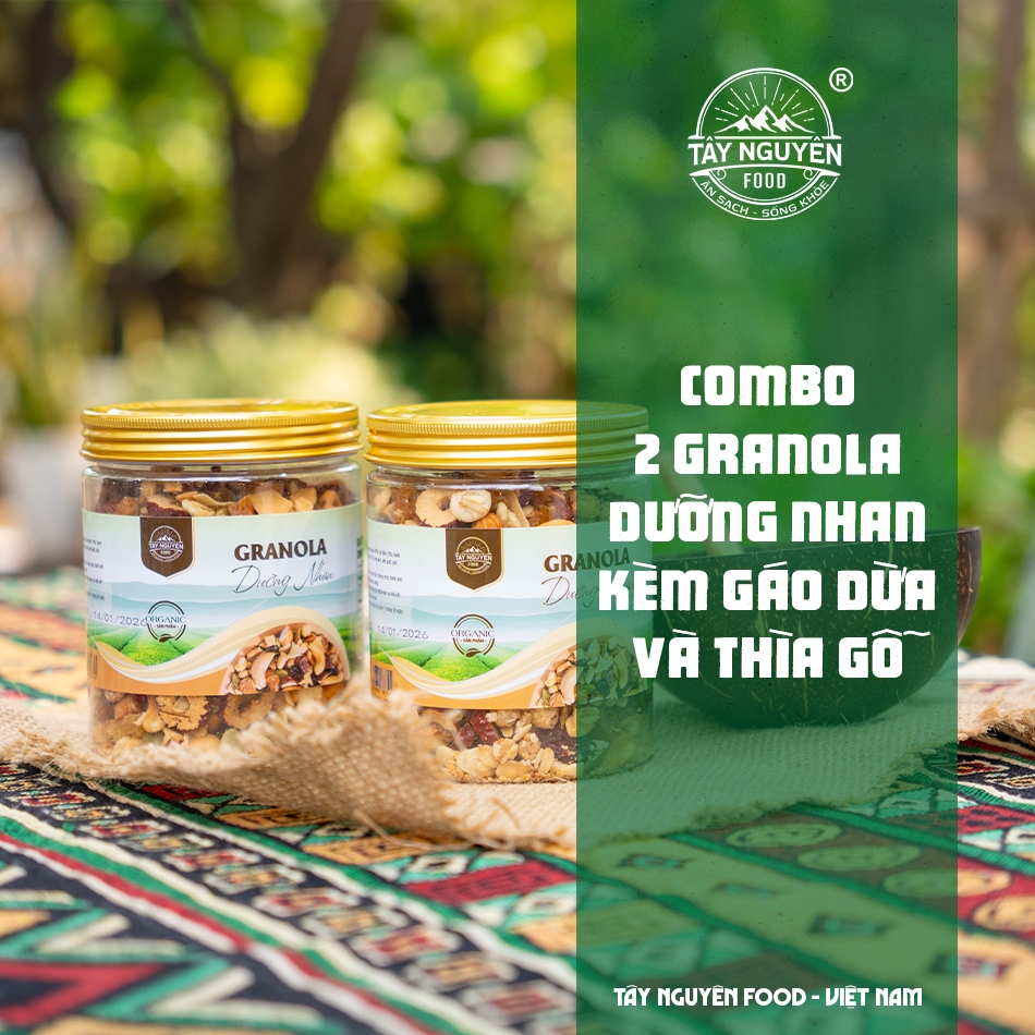 Combo 2 hũ Granola Dưỡng nhan kèm Gáo dừa và thìa gỗ Tây Nguyên Food - Việt Nam