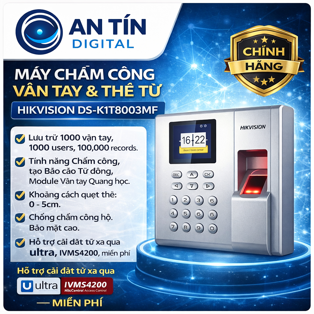 Máy Chấm Công Vân Tay Hikvision DS-K1T8003MF | Máy Chấm Công Thẻ Từ | Chống Chấm Công Hộ |Tặng3mCAT6