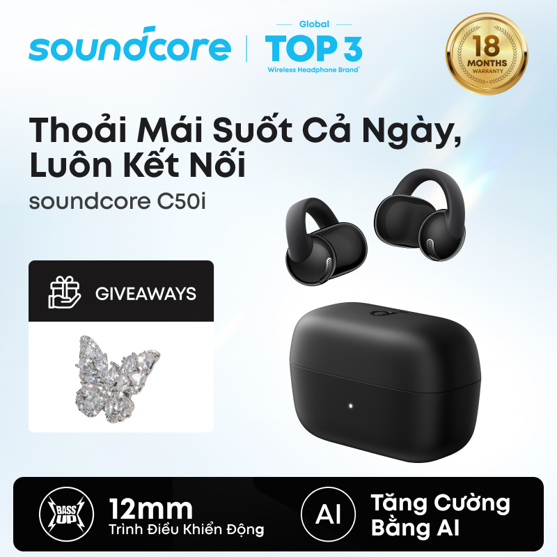 Soundcore C50i by Anker, Open-Ear Headphones, Clip-On Earbuds, AI-Enhanced Calls, Comfortable and Ic