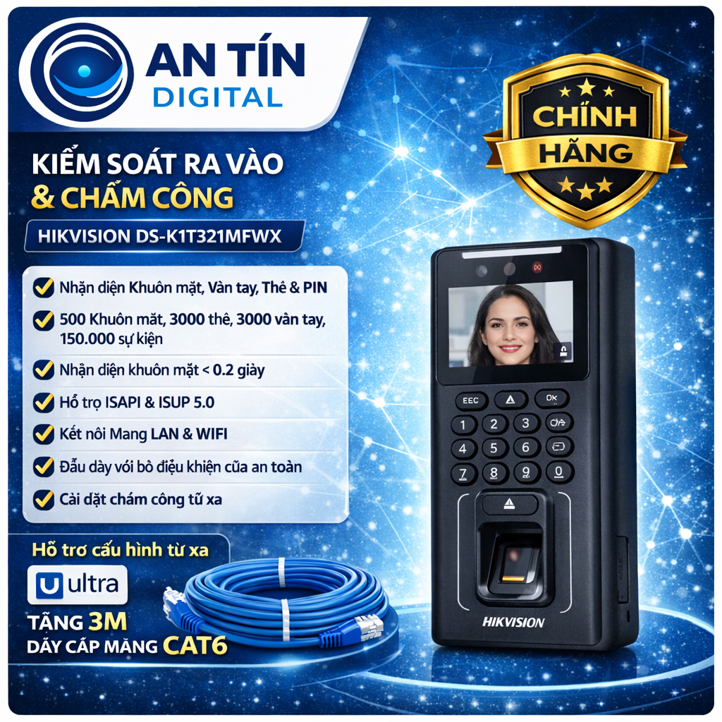 Máy chấm công khuôn mặt vân tay thẻ Hikvision DS-K1T321MFWX | Chấm công nhận diện Face + Fingerprint