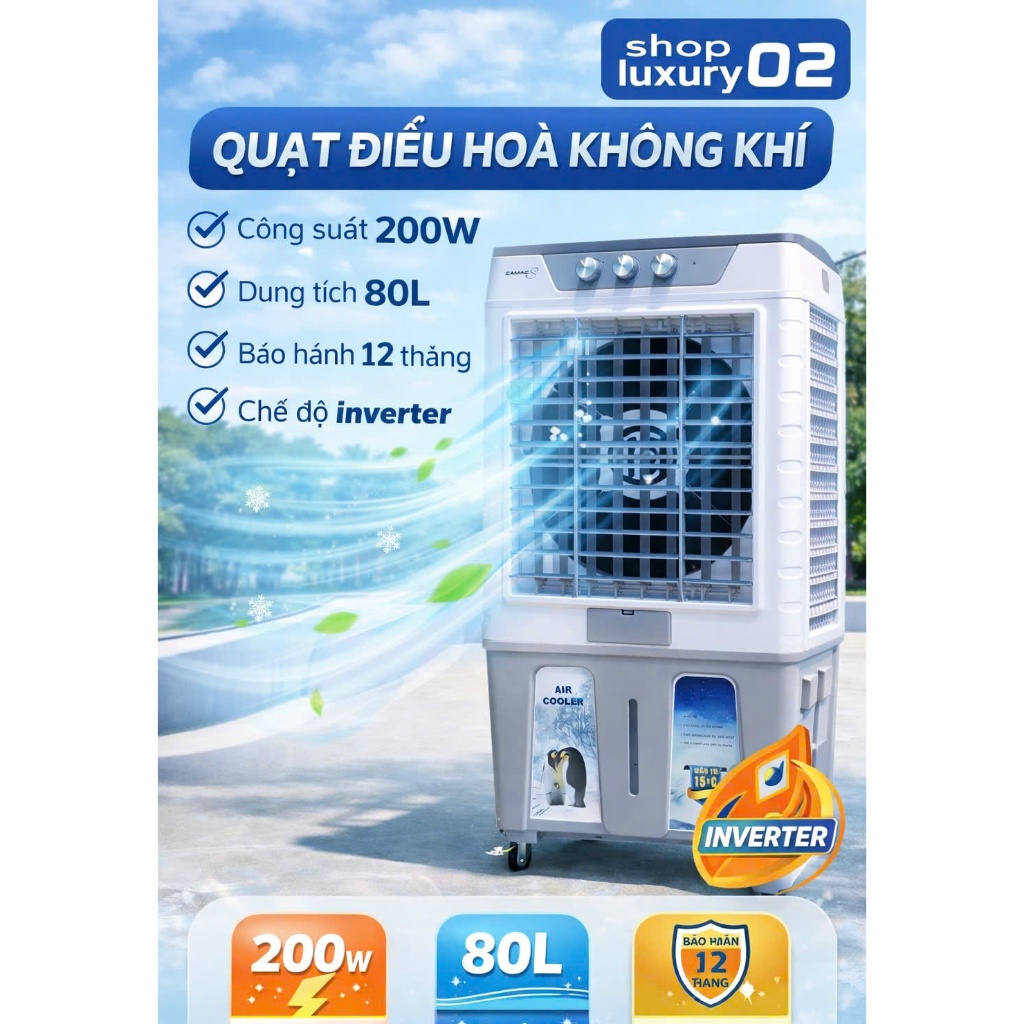 Quạt Điều Hòa Hơi Nước 45L Inverter Lõi Đồng – Làm Mát Nhanh, Tiết Kiệm Điện, Dùng Cho Phòng Lớn