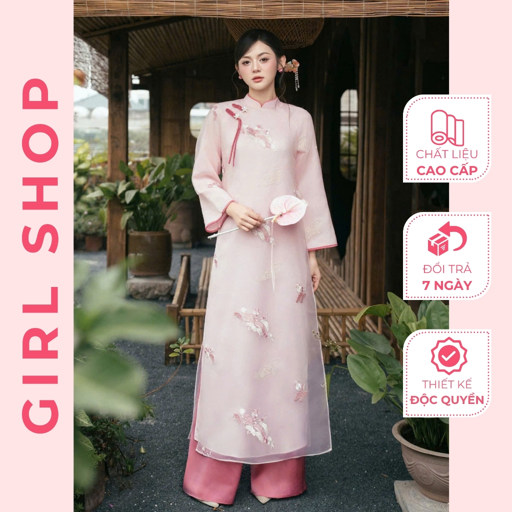 Set Áo Dài Kim Hoa Thiết Kế Cao Cấp Dáng Suông 4 Tà Cổ Cao Sang Trọng Thanh Lịch GirlShop