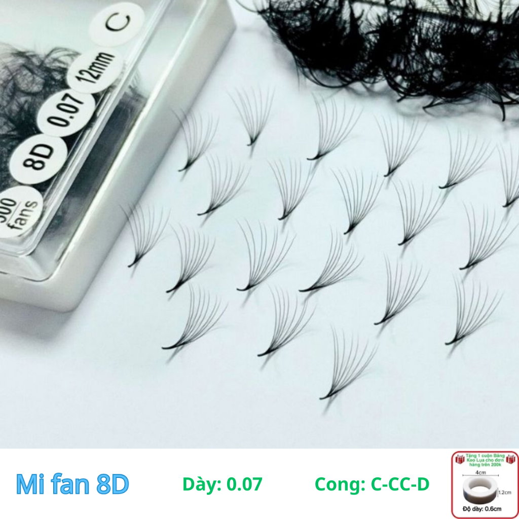 Mi Fan Sẵn 8D, Dày 0.07 độ cong C-CC- D, 500-1000 fan/hộp, Mi volume - Dụng Cụ Nối mi