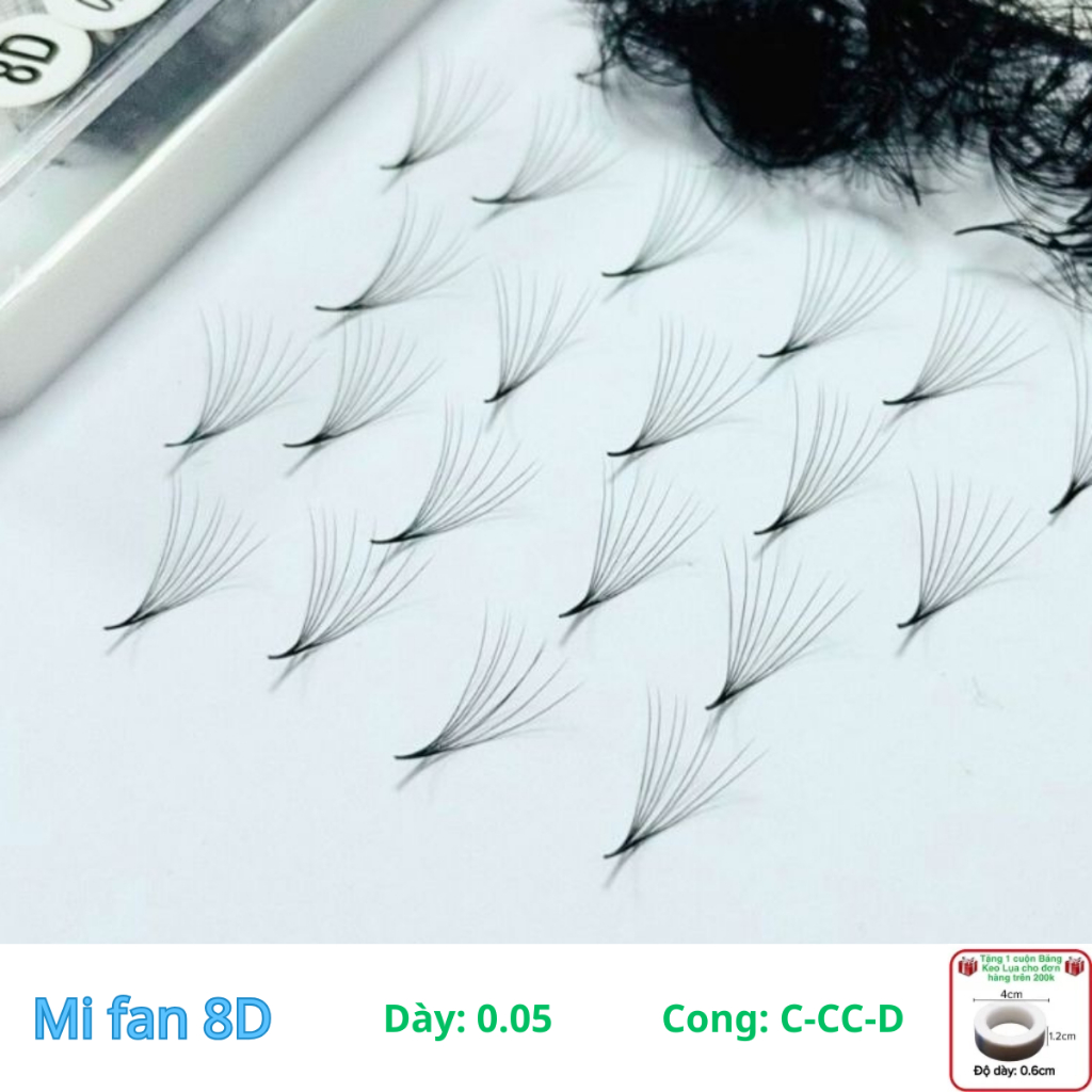 Mi fan sẵn 8D dày 0.05m, Cong C-CC-D, hộp 500-1000fan, Size 8-16mm - Dụng Cụ nối Mi