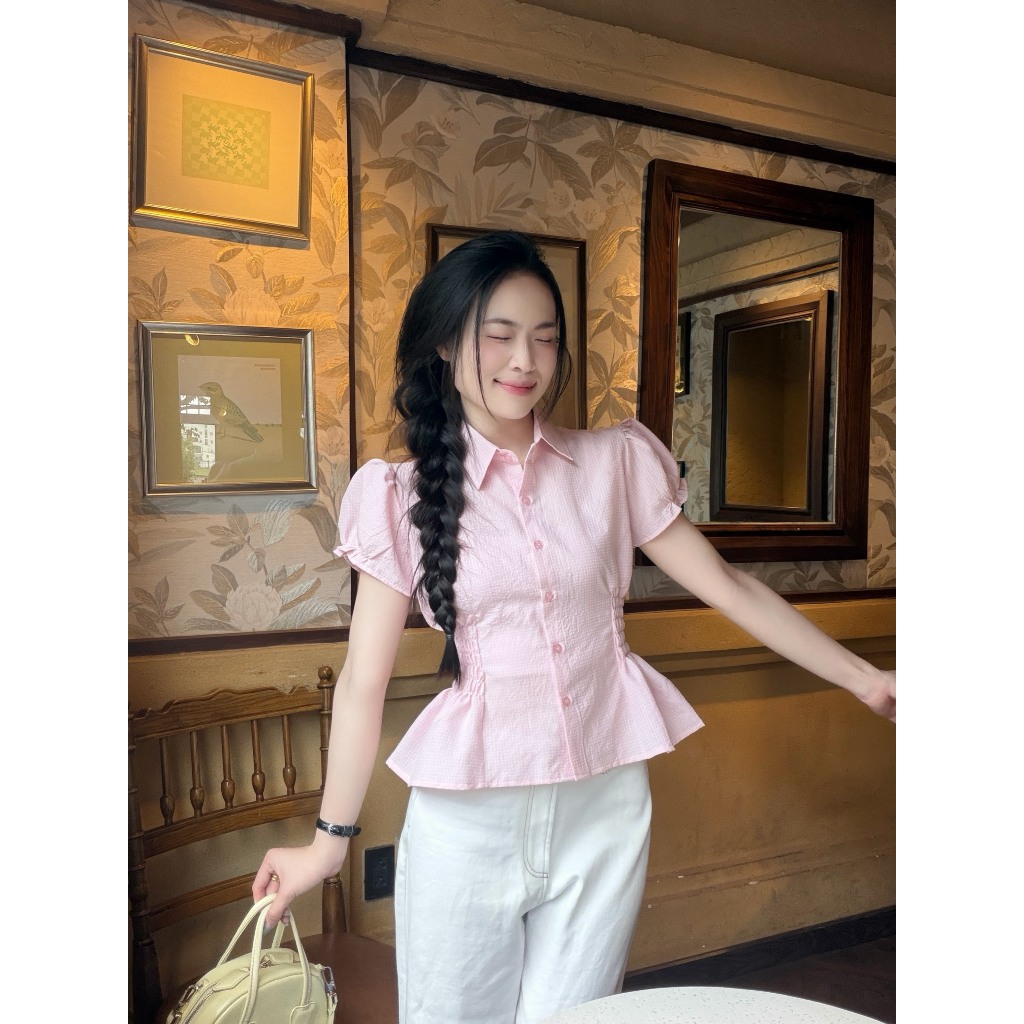 Áo sơ mi nữ thiết kế nhún eo trẻ trung xinh xắn LAMO - B1524