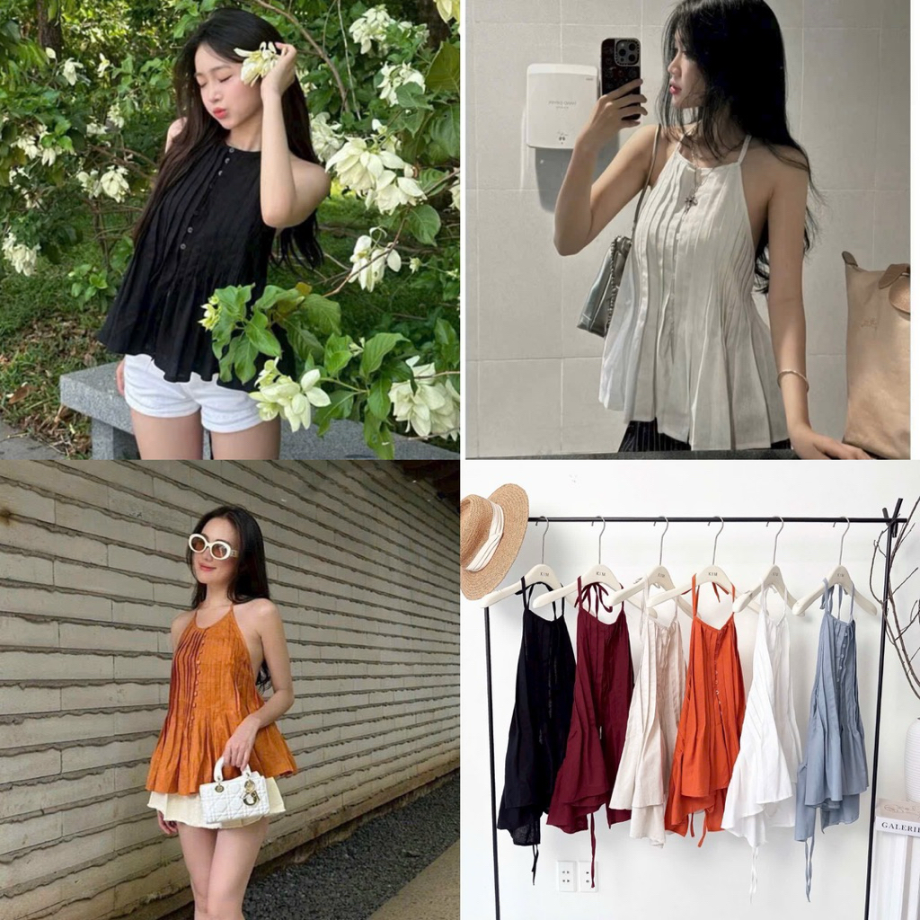 ( Sam’s Clothing ) Áo nữ cổ yếm xếp ly phối nút thắt nơ hở lưng
