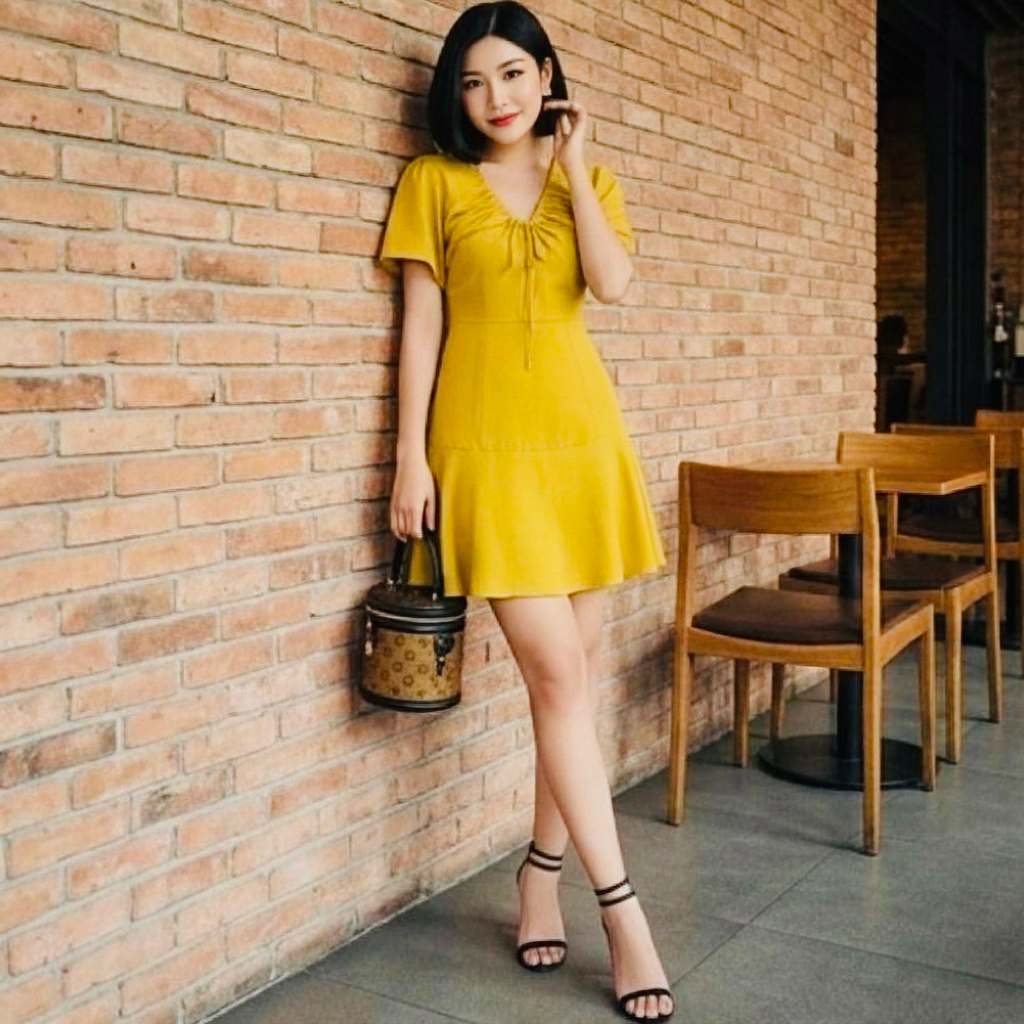 Đầm vàng đuôi cá cổ rút, váy dạo phố (kèm hình thật)