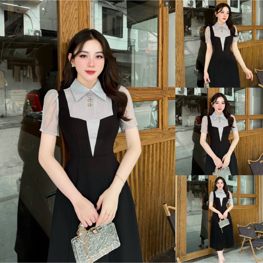 VK242 - Váy Thiết Kế Evii dành cho nữ, Đầm thiết kế cổ bẻ phối tơ, dáng A dài