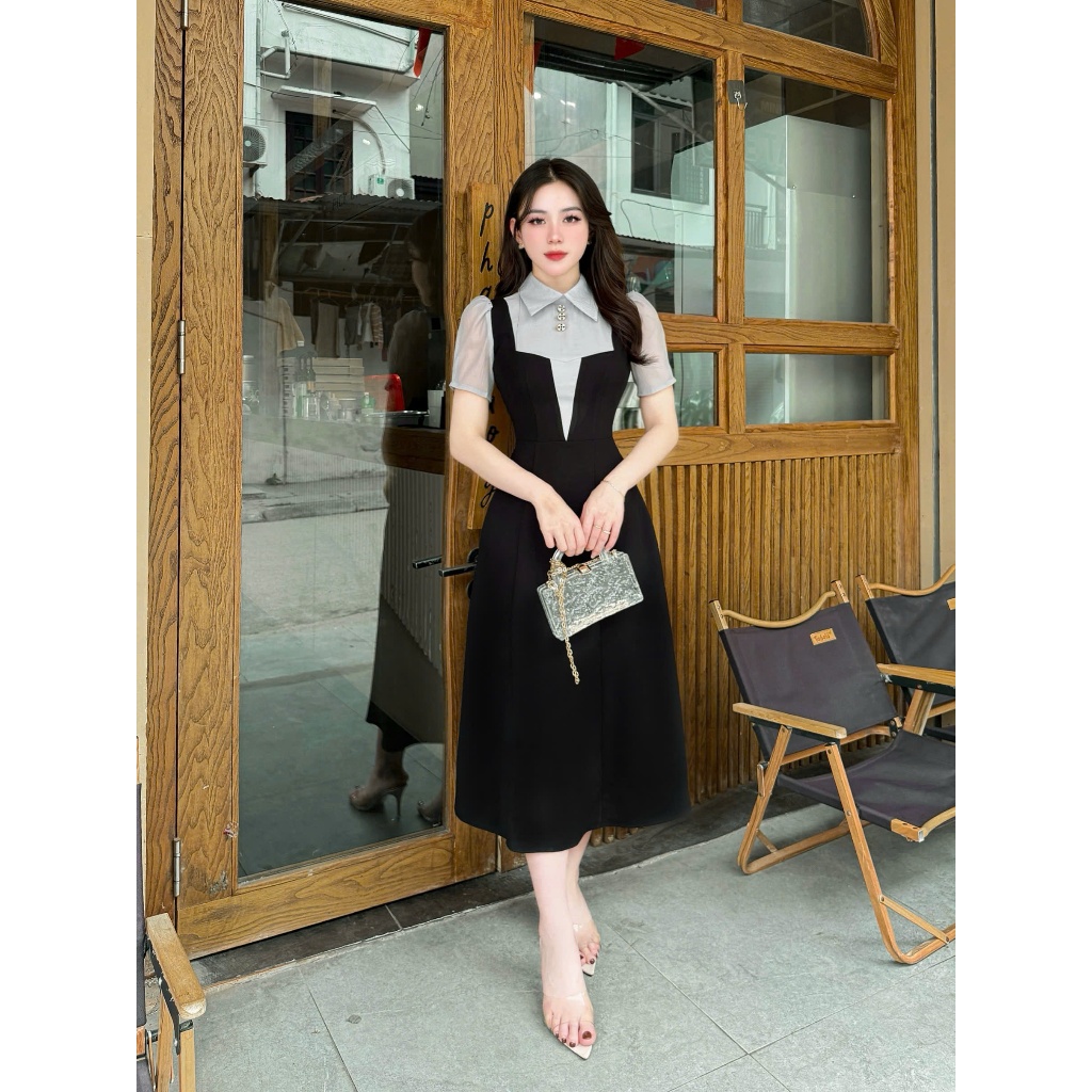 2VK242 - Váy Thiết Kế Eviici dành cho nữ,  thiết kế cổ bẻ phối tơ, dáng A dài