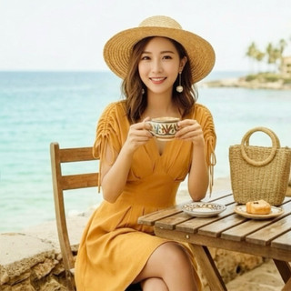 Đầm vàng cổ V tay rút, váy xếp li du lịch dạo phố (kèm hình thật)