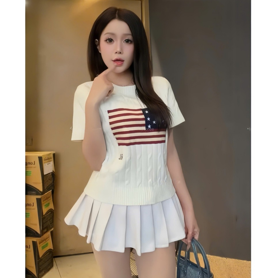 Áo Len Nữ Cộc Tay Dệt Kim Họa Tiết Cờ Mỹ Form Ôm Trẻ Trung Áo Nữ Hàn Quốc Hot Trend 2026 HH5 | BigBuy360 - bigbuy360.vn