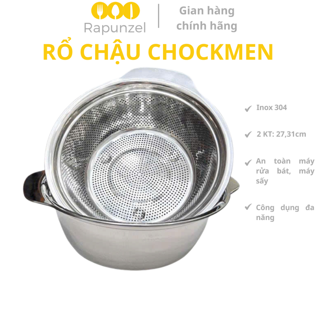 Bộ chậu rổ rửa rau củ quả CHOCKMEN inox 304, rổ chậu inox, bộ rổ chậu inox dày, rổ kèm chậu inox