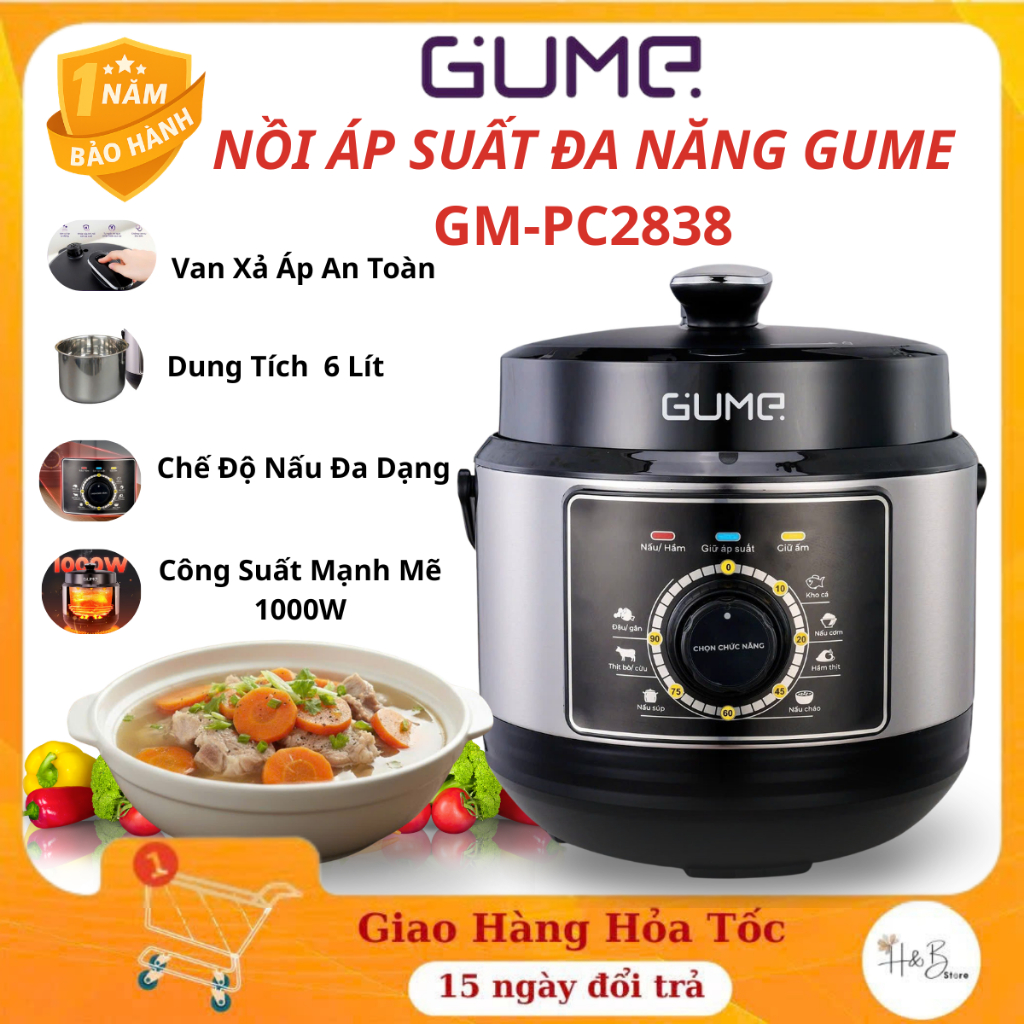 Nồi Áp Suất Đa Năng GUME GM-PC2838 Dung Tích 6L,Công Suất 1000W Nấu Nhanh. An Toàn - Nồi Áp Xuất Đa Năng Chính Hãng