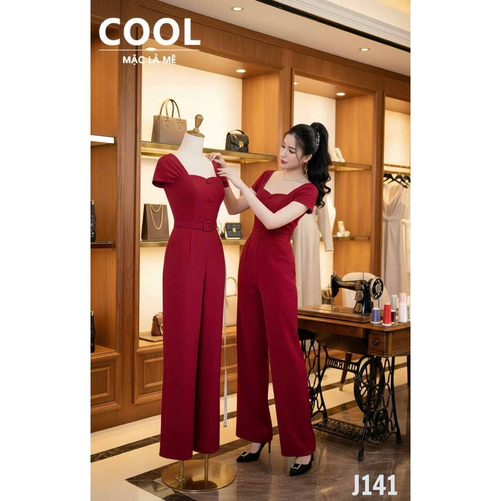 Jumpsuit Dài Cổ Vuông J141, Đồ Bộ Liền Thân Vải Hawai Cao Cấp Co Giãn Mềm Mịn, Quần Suông Hack Dáng 