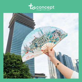 Quạt vải cầm tay nan tre - BST Dấu ấn đô thị - Quạt vải quà tặng Việt Nam, quạt xếp, quạt gấp