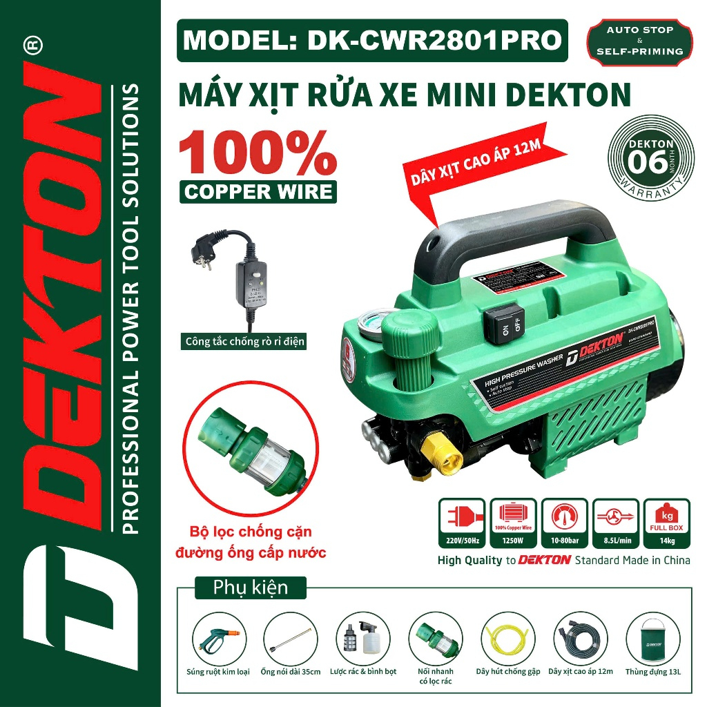 Máy Rửa Xe Dekton DK-CWR2801/ Công Suất 1250W/ Chỉnh Áp lõi đồng/ Lõi Đồng/ Công Tắc Chống Giật