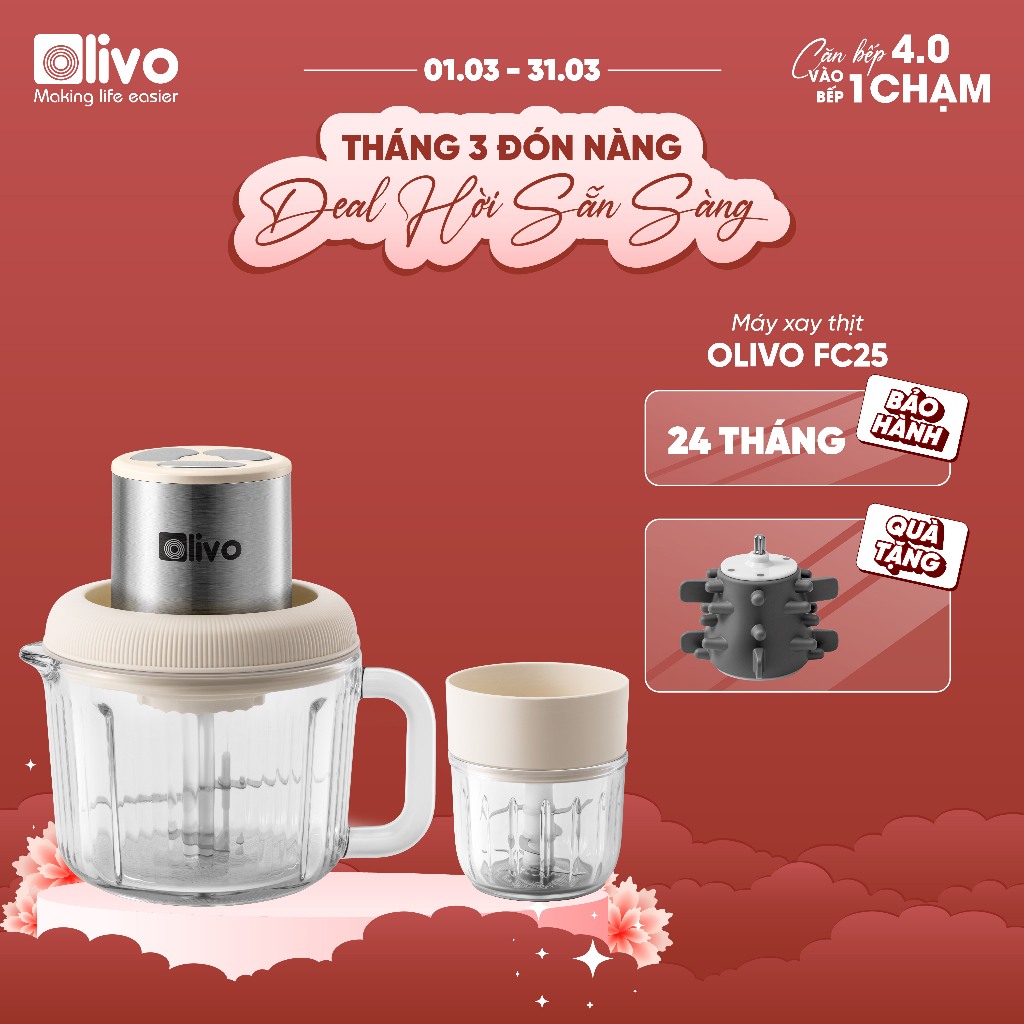 Máy xay thực phẩm đa năng OLIVO FC25 - 2 cối xay thủy tinh - Công suất 300W - 3 chế độ xay