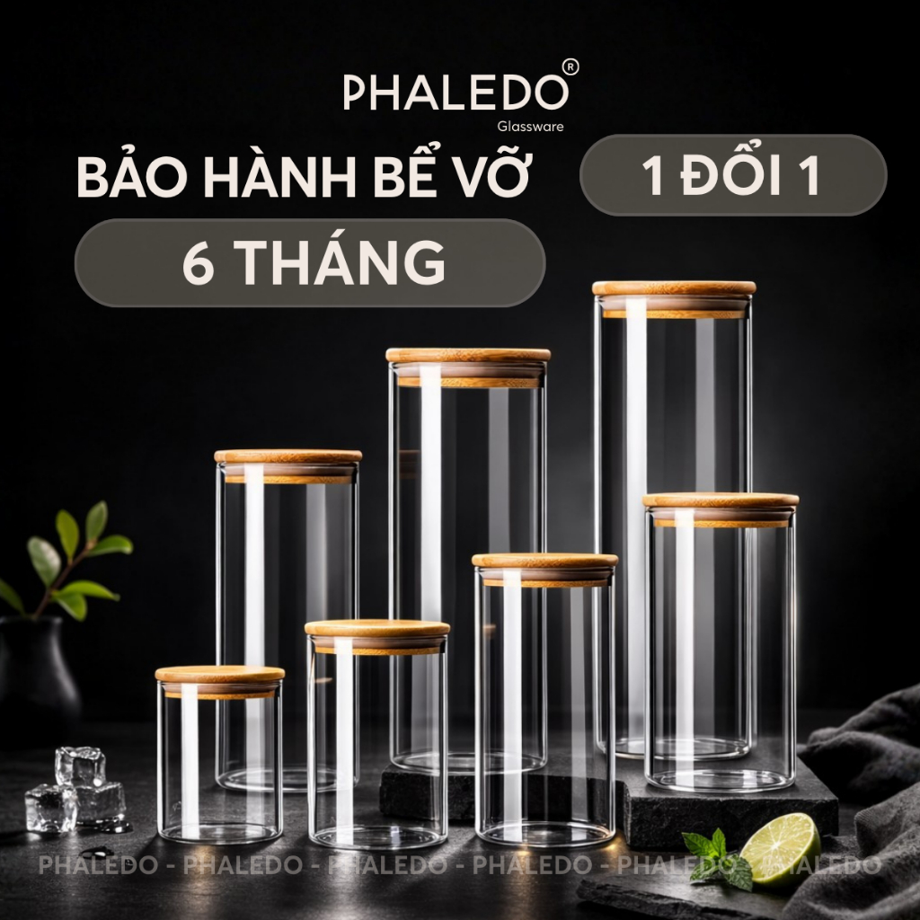 Lọ Thuỷ Tinh Có Nắp Gỗ Tre Borosilicate Chịu Nhiệt, Không Chứa Chì Cao Cấp PHALEDO (PL-0360)