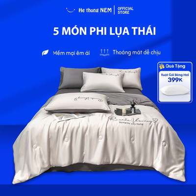 Bộ Chăn Ga Gối Lụa Thái He thong Nem Cao Cấp Set Ga Giường 5 Món Phi Lụa Chăn Chần Cố Định Trải Giường Mùa Hè Mát Mịn