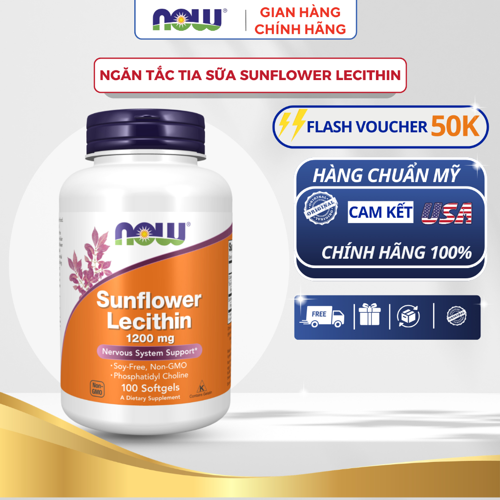 Chống tắc tia sữa Sunflower Lecithin 1200mg Now an toàn dành cho mẹ đang cho con bú 100 viên