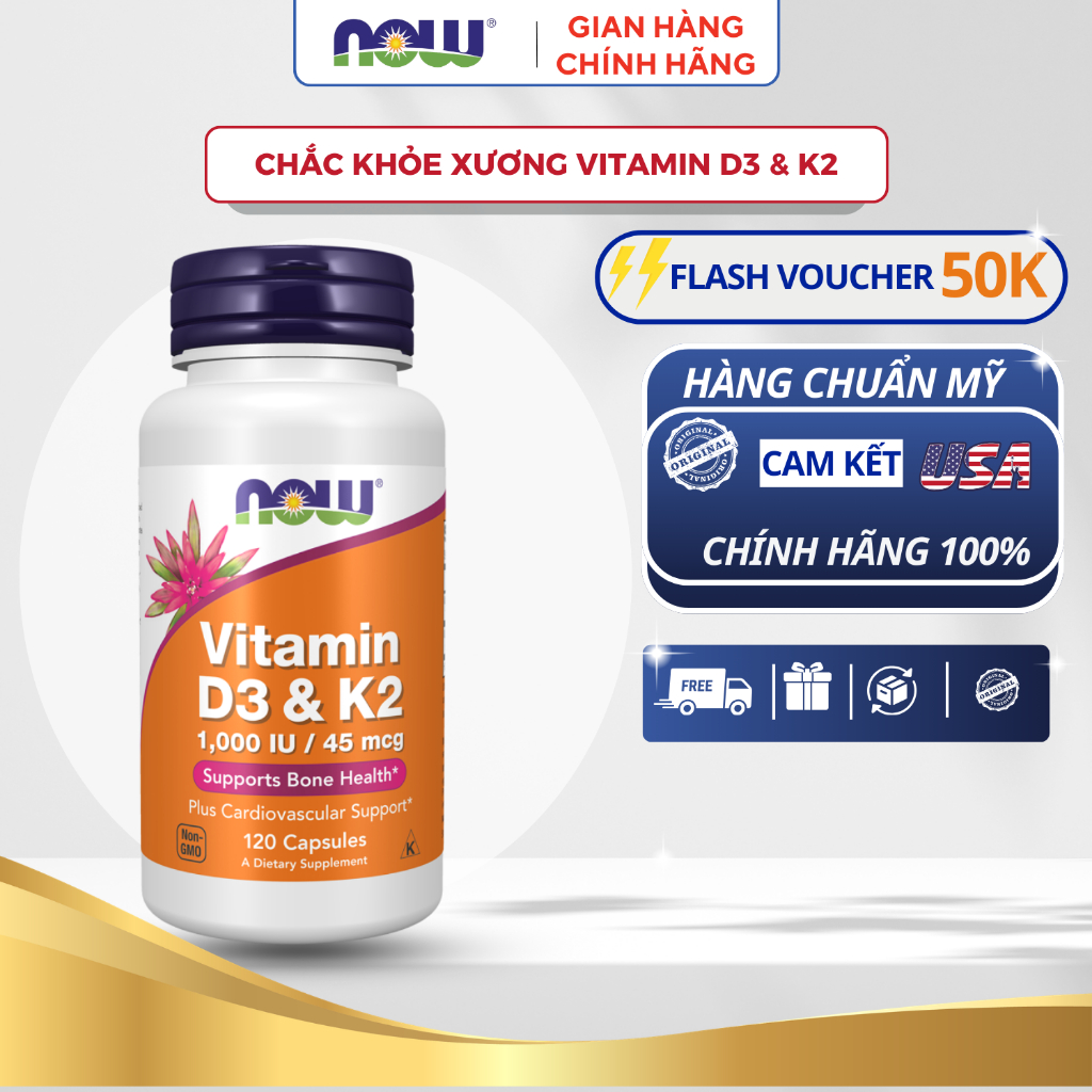Vitamin D3 K2 Now 1000 IU 45 mcg của Mỹ hỗ trợ cho xương chắc khỏe 120 viên