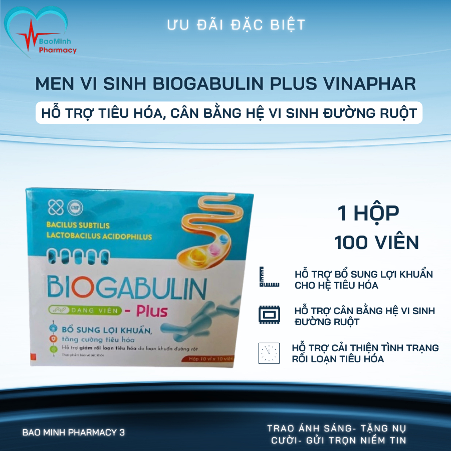Men Vi Sinh Biogabulin Plus Vinaphar Hộp 100 Viên – Hỗ Trợ Tiêu Hóa, Cân Bằng Hệ Vi Sinh Đường Ruột