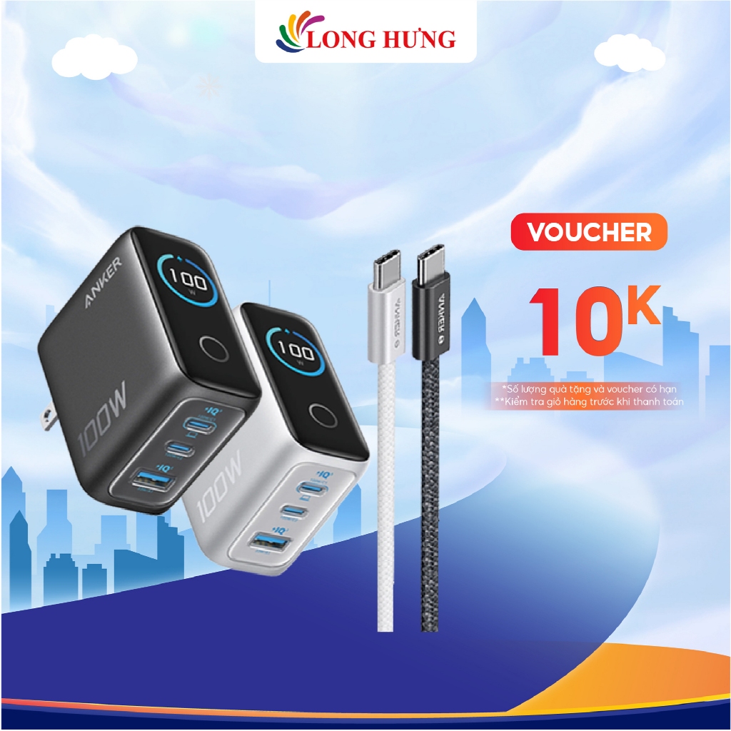 Combo Cốc Sạc Anker Zolo Fast Charging GaN Smart Display + Cáp USB Type-C to Type-C PD B2697/B121B -