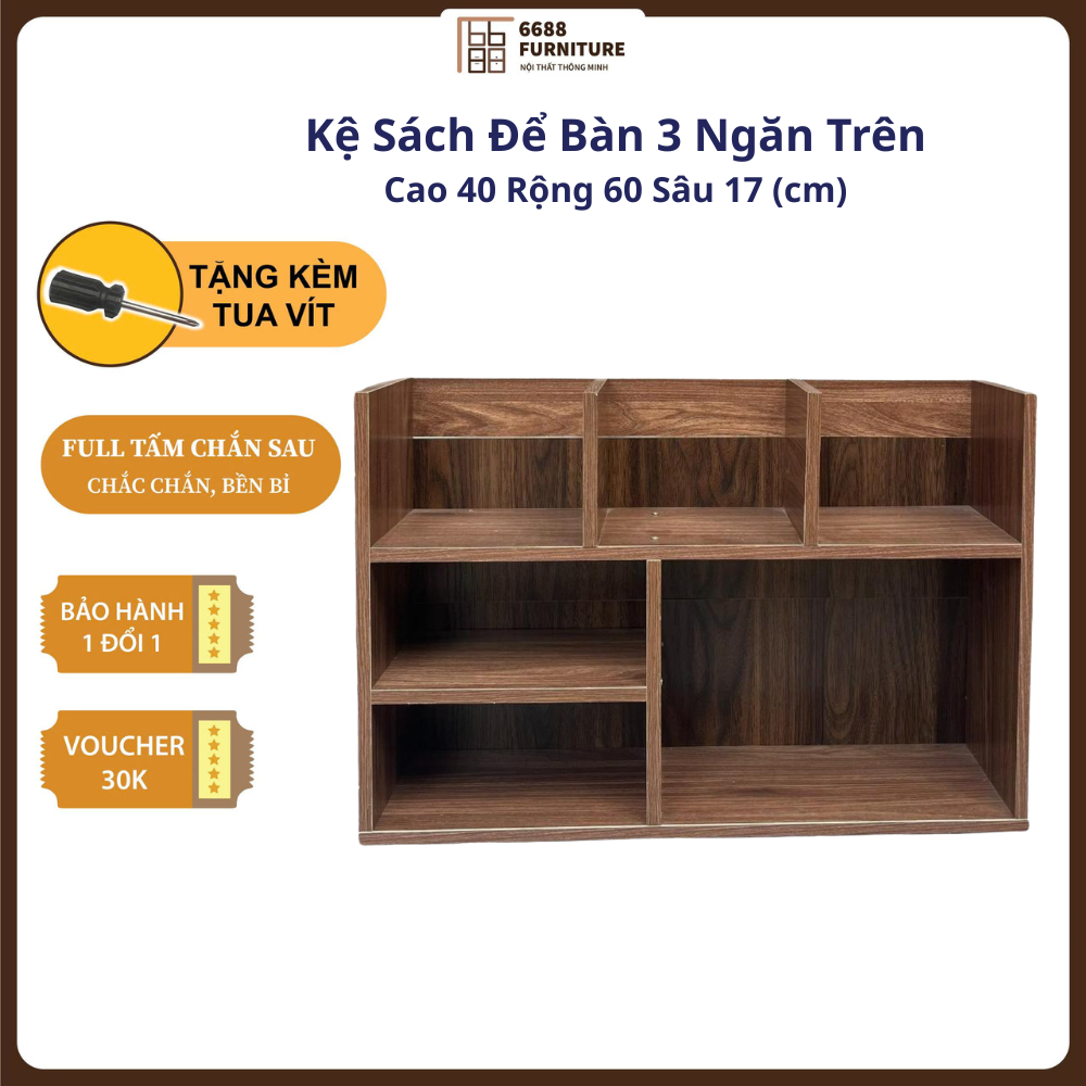Kệ sách để bàn 3 tầng gỗ MDF – Kệ để đồ đa năng – Có vách chắn – 40x60x17cm – Tặng tua vít