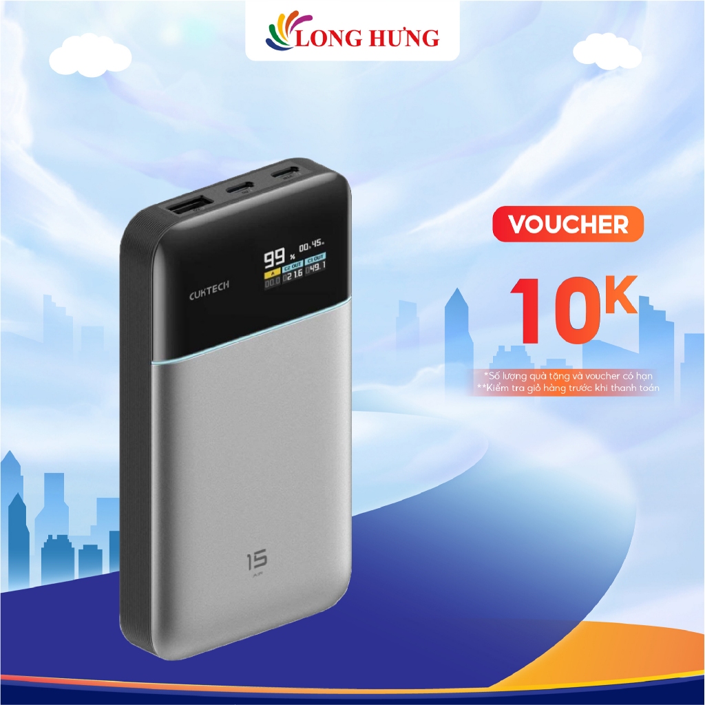 Sạc dự phòng Cuktech Power Bank 15 Air 1USB 2Type-C 100W 15000mAh PB150S - Hàng chính hãng