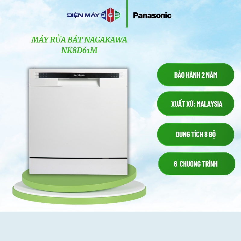 Máy Rửa Bát Nagakawa NK8D61M - Sức Chứa 8 Bộ - Tích Hợp 6 Chương Trình Thông Minh - Nhỏ Gọn