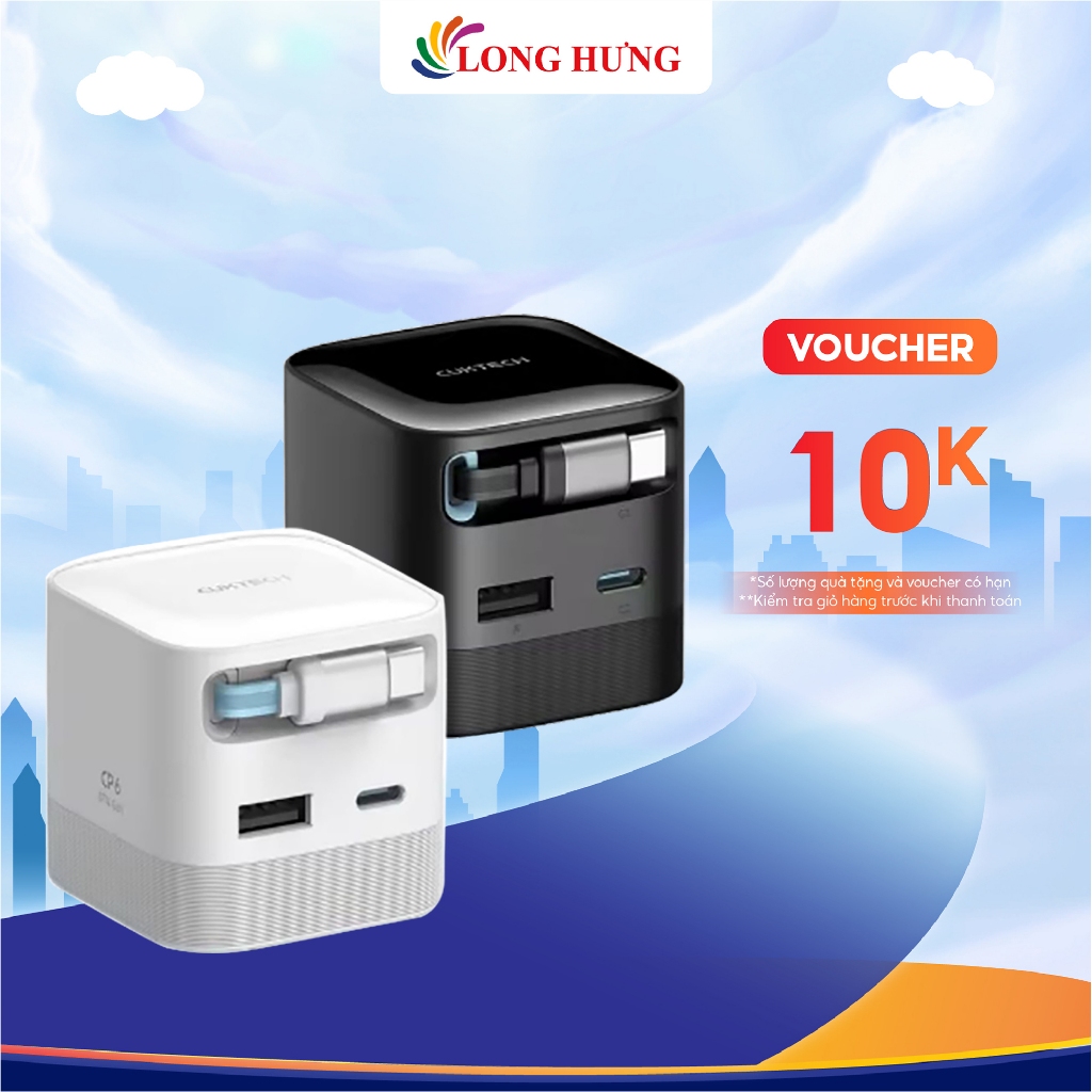 Cốc sạc Cuktech GaN Built-in USB-C Cable 1USB 2Type-C 67W CP6 AD653W - Hàng chính hãng