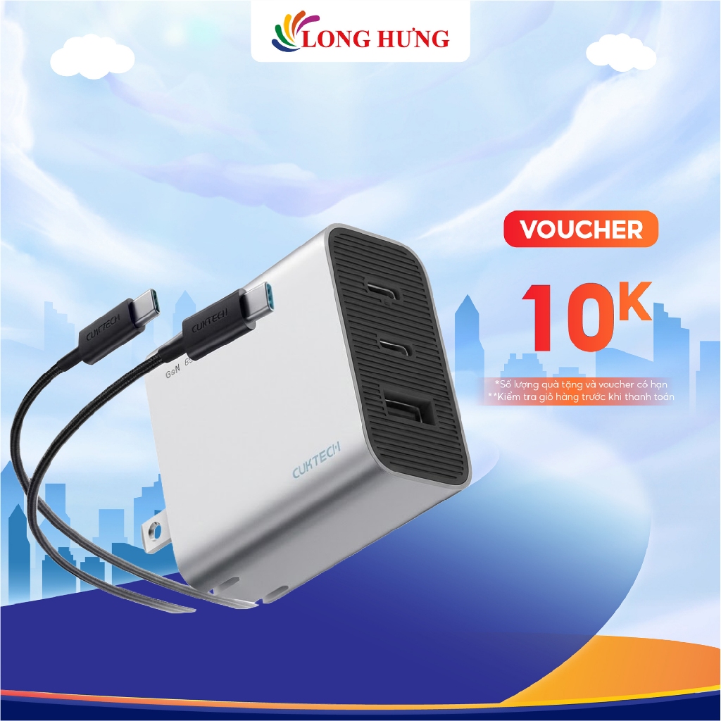 Combo cốc sạc Cuktech 1USB 2Type-C 65W + Cáp USB Type-C to Type-C AD653C - Hàng chính hãng