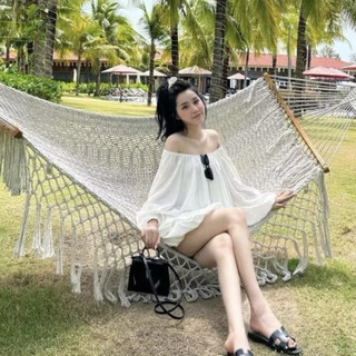 HV-Váy Trễ Vai Tay Phồng Dáng Ngắn Chun Bo Phong Cách Hàn Quốc